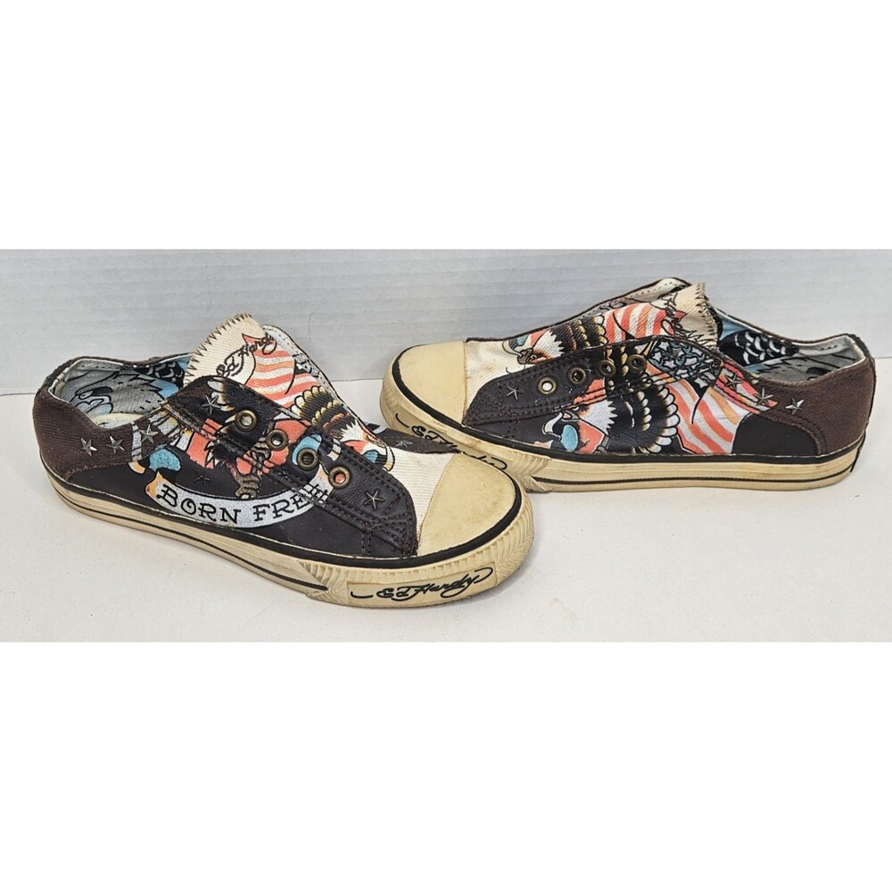 Ed Hardy Born Free Canvas & Leather Low Top Laceless Sneakers Women’s Size 6